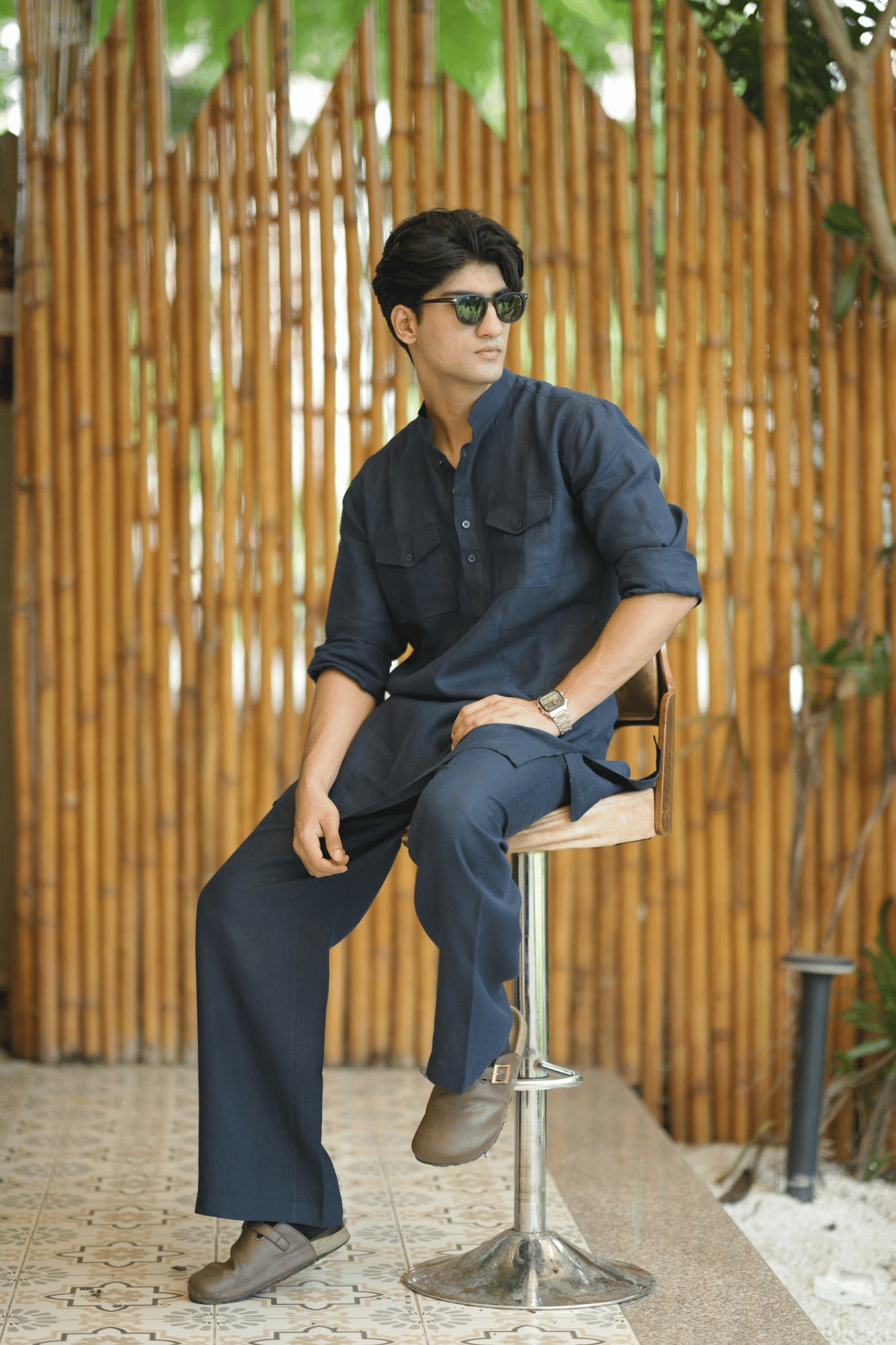 Navy Blue Kurta Pyjama Pocket Set