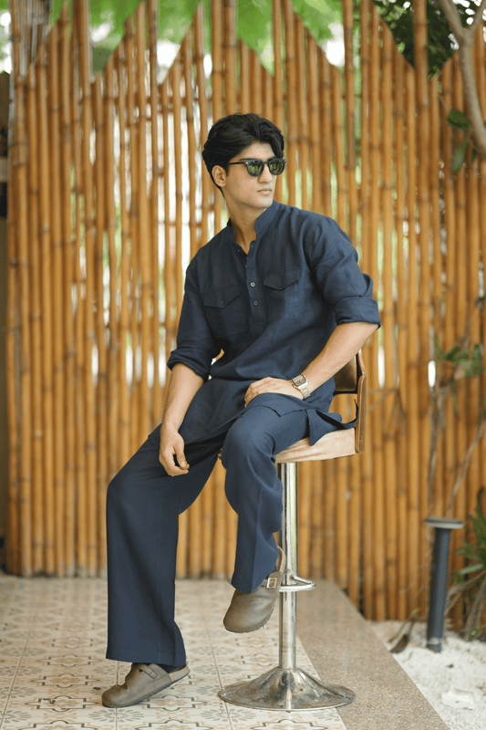 Navy Blue Kurta Pyjama Pocket Set