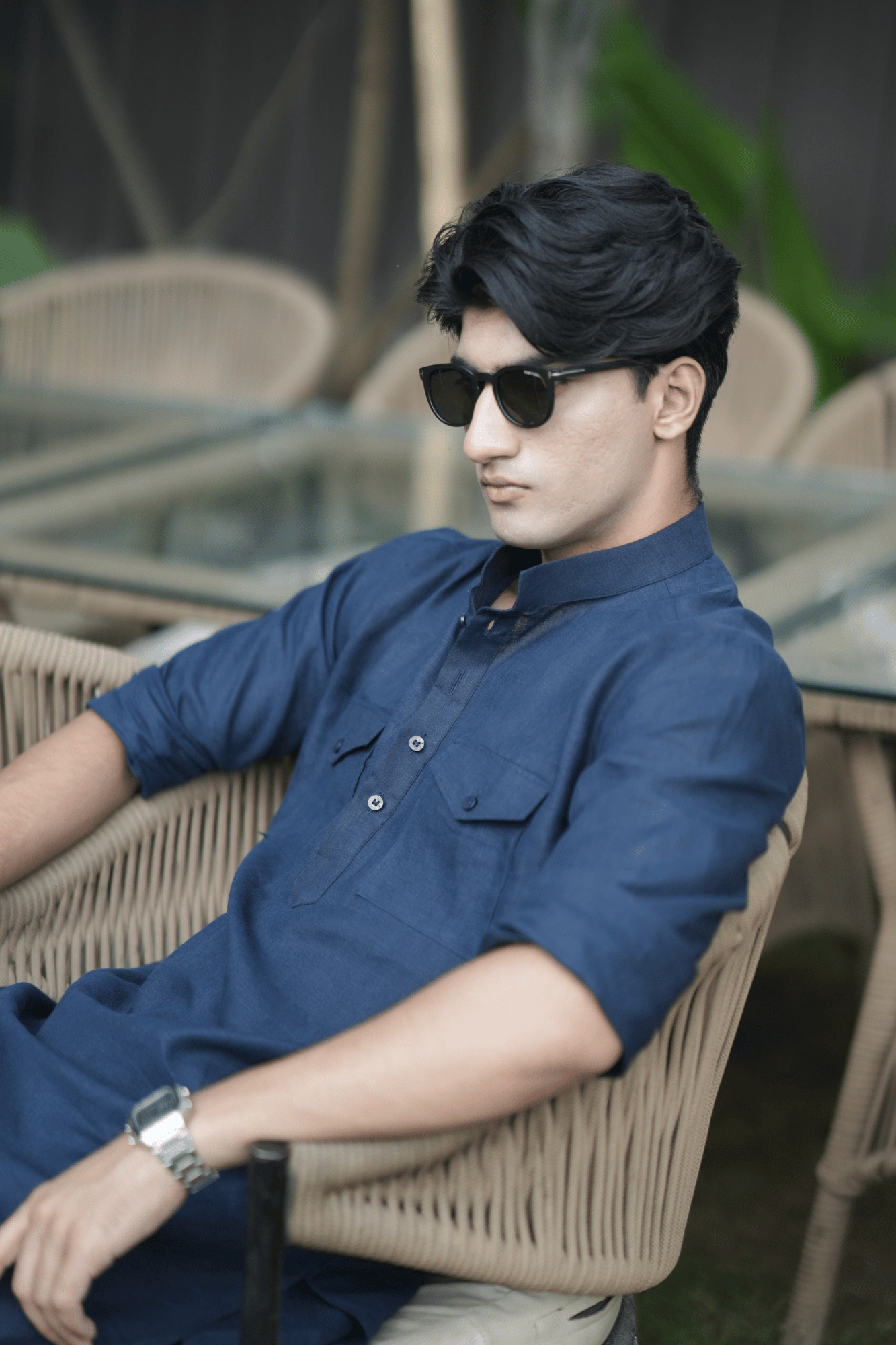 Navy Blue Kurta Pyjama Pocket Set