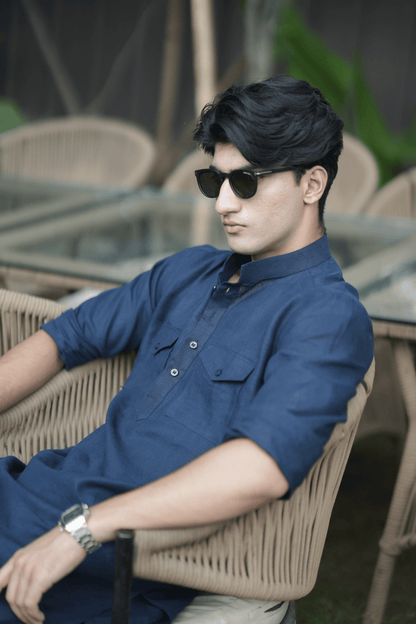 Navy Blue Kurta Pyjama Pocket Set